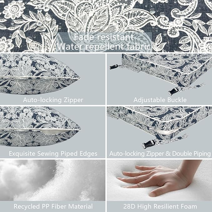 LVTXIII Outdoor/Indoor Deep Seat Cushion Patio Seat and Back Cushion Set All-Weather Replacement Chair Cushion for,Wicker Chairs and Garden Furniture Decoration, 24"x24"x4", Damask Lapis-VerdiqueGarden