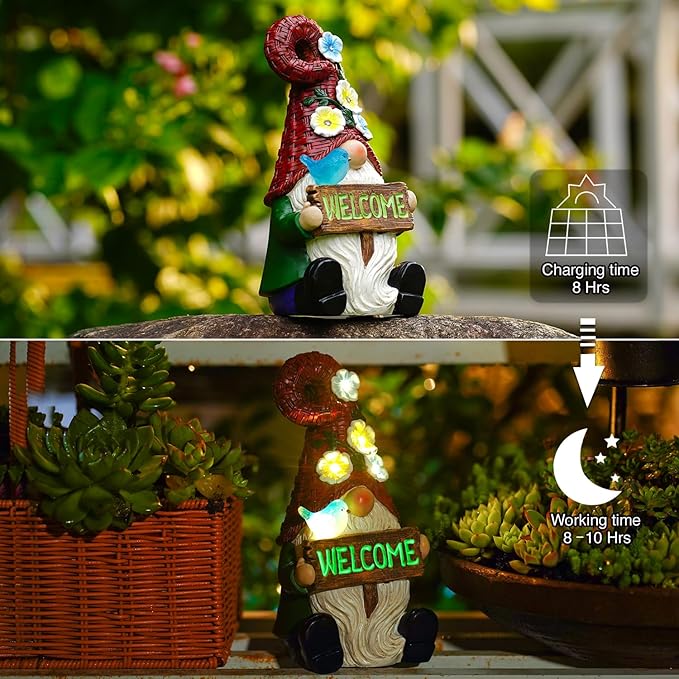 Goodeco Sitting Gnome with Welcome Sign - Garden Gnomes Outdoor with Solar Bird & LED Lights, Ideal Gifts for Mom or Women, Housewarming Gnome Decorations-VerdiqueGarden