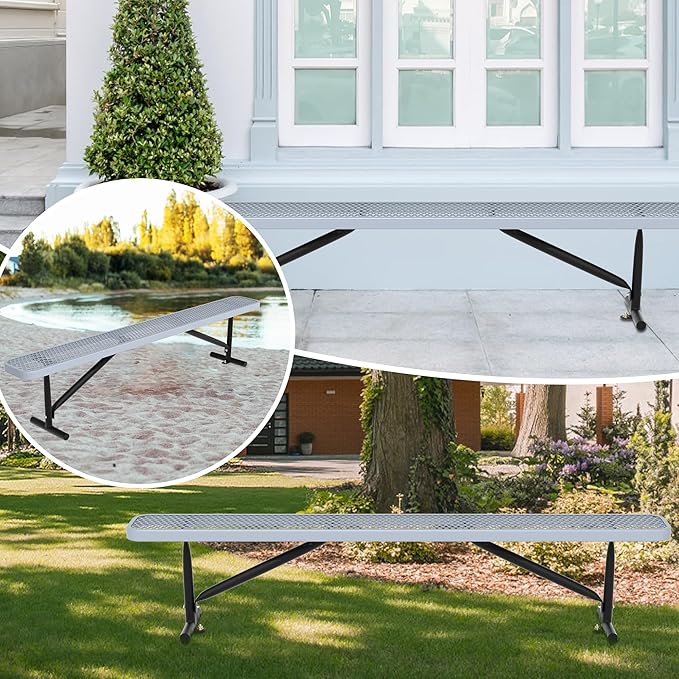 48" L Outdoor Steel Flat Bench, Heavy Duty Metal Park Bench for Outside, Expanded Metal, Commercial Benches Mesh Bench for Shopping Mall, Store, Lawn, Park, Patio, Deck, Garden (Grey, 8FT)-VerdiqueGarden