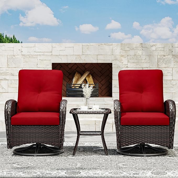 Joyside Outdoor Swivel Rocker Chairs, 3 Piece Wicker Patio Set with Thick Cushion and Side Table, Rattan Patio Swivel Rocking Chairs for Porch, Deck Use (Brown/Red, 3 PCS)-VerdiqueGarden