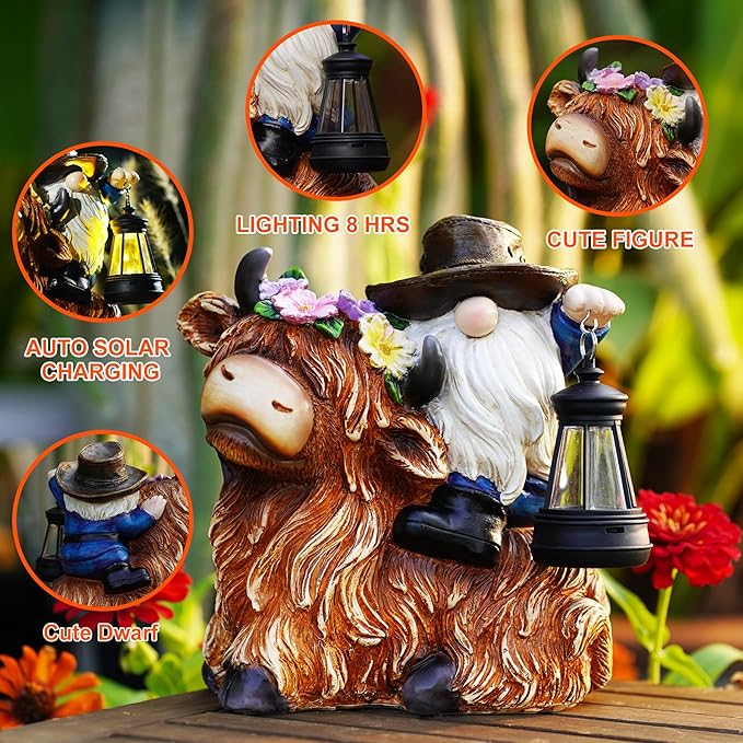 Solar Highland Cow Gnome Garden Decorative Statue - Detachable Lantern - Outdoor Fun Decoration, Suitable for Patio, Back Porch, Table Ornaments, Unique Housewarming, Birthday Gifts for Women, Mom-VerdiqueGarden