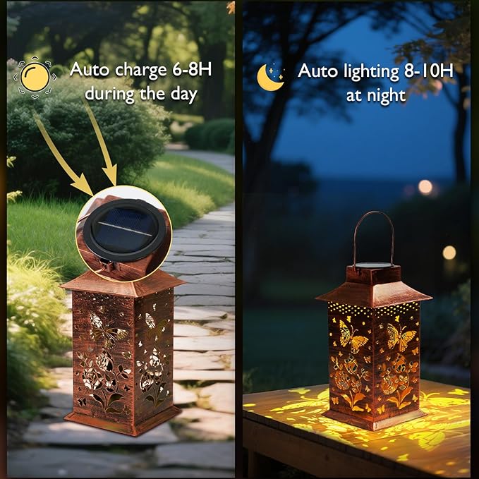 Homemory Butterfly Solar Lanterns Waterproof, Metal Hanging Hollowed-Out Metal Decor Lantern, LED Outdoor Decoration for Outside LED Lanternse for Yard, Backyard, Porch, Lawn-VerdiqueGarden