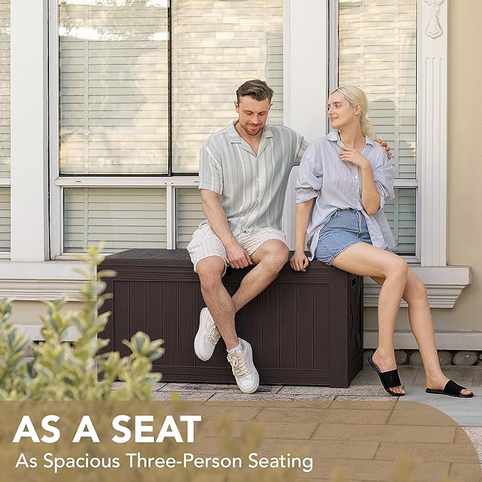 Devoko 120 Gallon Deck Box Resin Outdoor Storage Box Waterproof for Patio, Large Outdoor Storage Bench Lockable for Outside (Deep Brown)-VerdiqueGarden