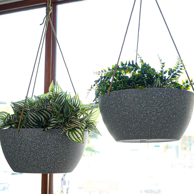 12 Inch 2 Pack Large Hanging Planters for Indoor Outdoor Plants, Plastic Hanging Basket Pots for House Plants Flowers, Grey-VerdiqueGarden