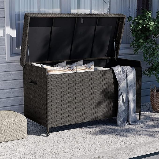 Grand patio 170 Gallon Deck Storage Box Deck Box Outdoor Storage Box Indoor Wicker Storage Bin Patio Storage Box for Patio Furniture Cushions Garden Tools Pool Accessories, Black-VerdiqueGarden