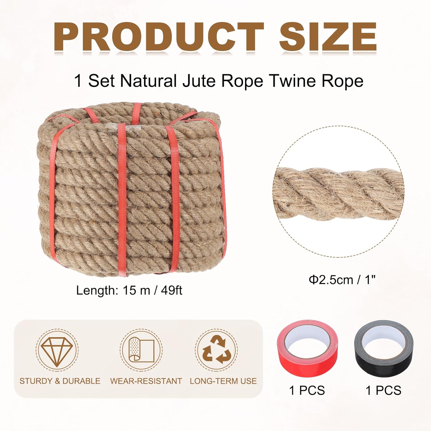 MECCANIXITY Jute Rope 1 Inch x 49ft, Thick Twine Rope Ropes Braided Jute Twine Natural Brown Burlap Cord String Heavy Twisted with Tapes for Decorative Crafts Railing Swing Tug of War-VerdiqueGarden