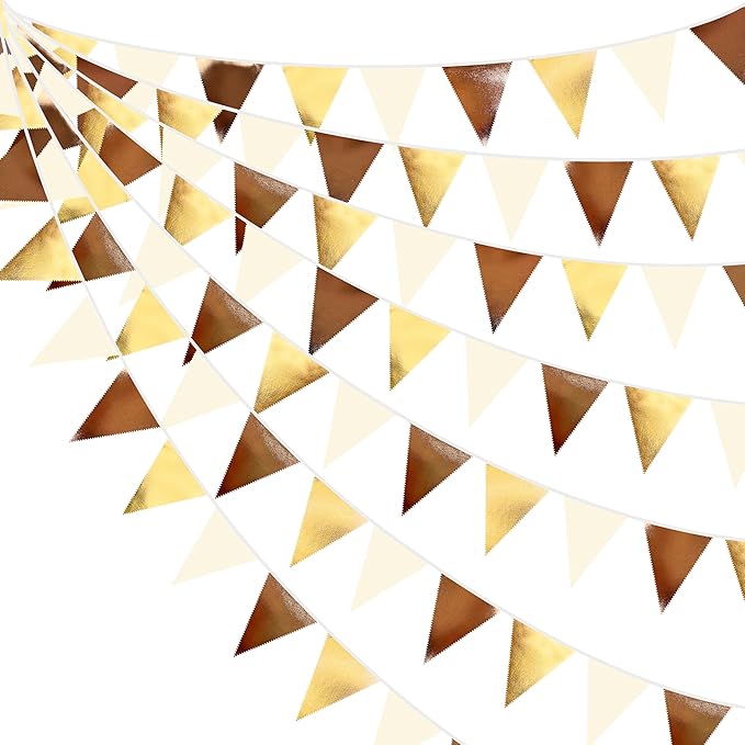 Brown Beige and Gold Party Decorations Fabric Triangle Pennant Banner Flag Bunting Garland for Boho Neutral Rustic Cowboy Western Teddy Bear Birthday Baby Shower Graduation Engagement Party Supplies-VerdiqueGarden