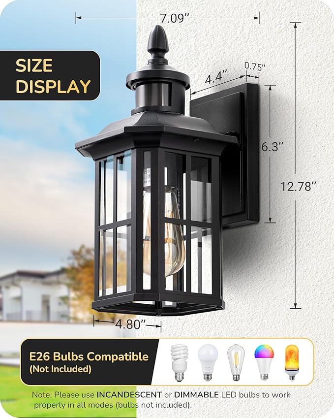 EDISHINE Motion Sensor Outdoor Wall Light, Dusk to Dawn Front Porch Light Fixture, Outdoor Wall Sconce with Clear Glass, Black Exterior Wall Lantern for Door, Garage, Patio, House-VerdiqueGarden