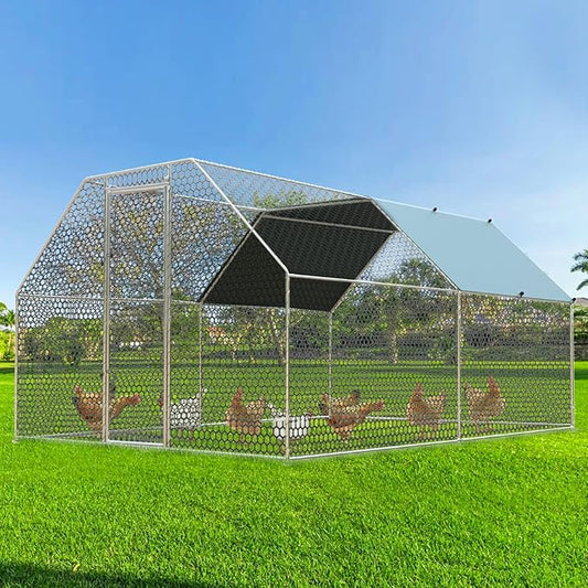 4ever2buy Chicken Runs for Yard with Cover, Large Metal Chicken Run Walk in Metal, Outside Dog Kennel with Roof, Flat Roofed Outdoor Kennel for Cats(9.2’Lx12.47’Wx6.4’H)-VerdiqueGarden