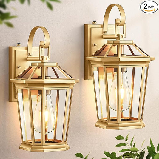 VIANIS Dusk to Dawn Outdoor Wall Lanterns, Modern Golden Exterior Lighting Fixtures Wall Mount Sconces, 100% Aluminum Waterproof Gold Porch Lights, Outside Coach Lantern for House Patio Garage, 2-Pack-VerdiqueGarden