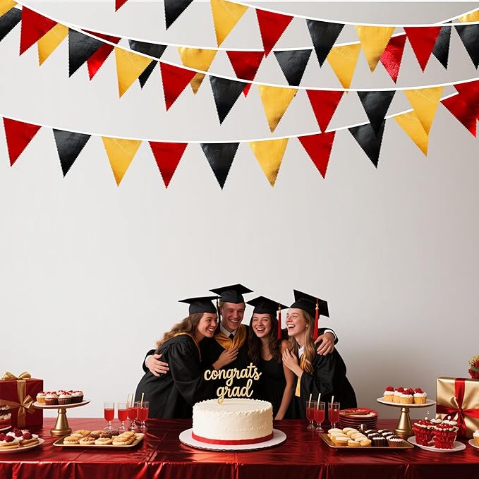Red Black Gold Party Decorations Metallic Fabric Triangle Pennant Banner Flag Bunting Garland for Graduation Birthday Anniversary Pirate Poker Casino Las Vegas Christmas Holiday Party Supplies-VerdiqueGarden