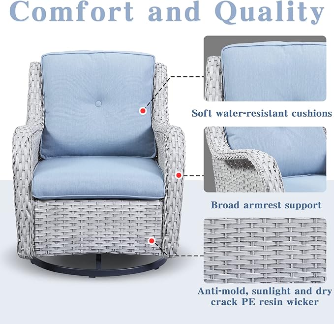 Wicker Outdoor Furniture Patio Furniture Set - 6 Piece Patio Conversation Set with Swivel Rocker Chairs, Loveseat Sofa, Ottomans and Coffee Table, Baby Blue Cushion-VerdiqueGarden