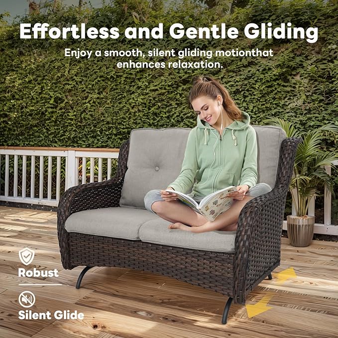 5 Piece Outdoor Patio Furniture Set - Outdoor Conversation Couch and Loveseat Glider Chair Furniture Set with Rattan Coffee Table for Deck Balcony Poolside Brown Wicker/Grey Cushions-VerdiqueGarden