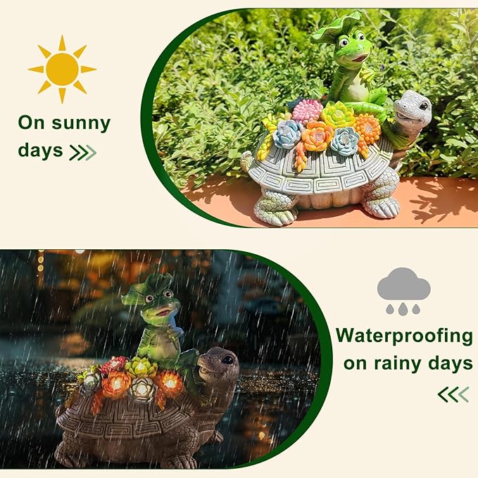 ILLUMINEW Solar Garden Outdoor Statues Turtle& Frog with Succulent and 8 LED Lights, Turtle Carrying Lotus Leaf Frog Figurines, Lawn Decorations for Patio Yard Gifts for Mom Grandma Housewarming-VerdiqueGarden