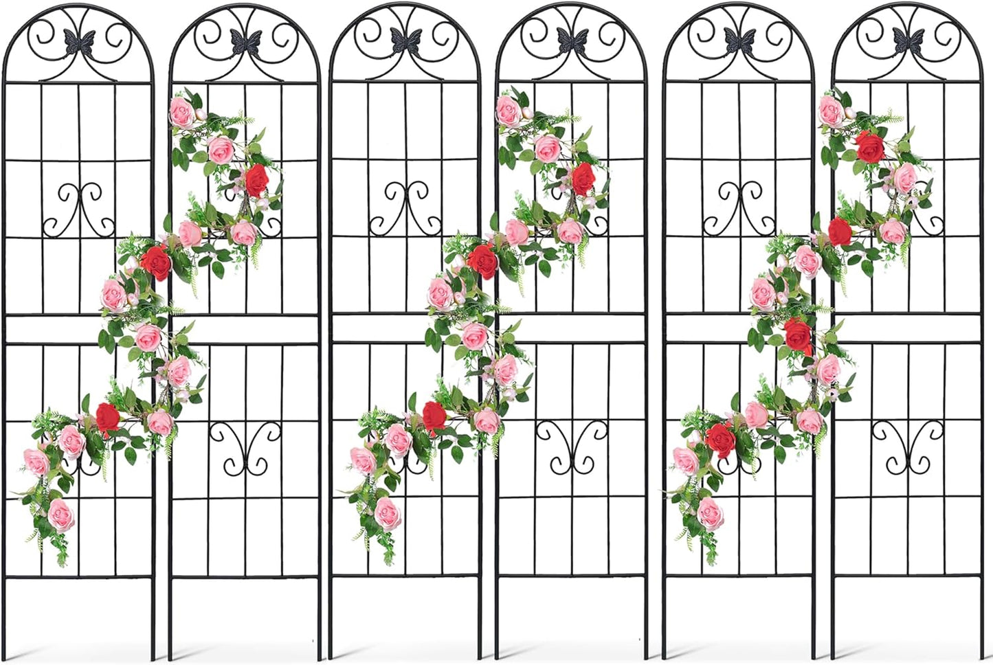 6 Pack Metal Garden Trellis 87" Tall for Climbing Plants Garden Fence Rustproof Outdoor Trellis Support Roses Flower Lawn, Black 7.2FT-VerdiqueGarden
