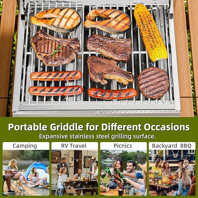 3-Burner 24,000 BTU Portable Flat Top Propane Gas Grill, Heavy-Duty Stainless Steel 2-in-1 Tabletop Grill and Griddle Combo for Commercial BBQ, Outdoor Cooking, Camping,Tailgates & Backyard-VerdiqueGarden