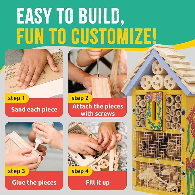 Premium Bug Hotel Kit, DIY Cedar Wood Craft for Building Bee, Ladybug, or Butterfly Houses, Educational Kit for Kids, Parents and Teachers-VerdiqueGarden