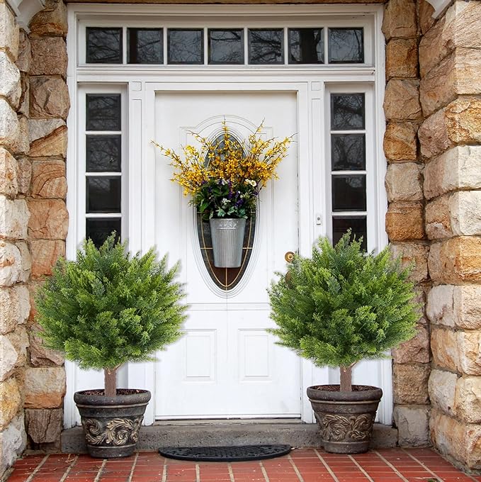 Artificial Cedar Shrub Ball Trees Two 15.8inch with Ground Spikes, can be Planted in The Ground and in pots, Outdoor Artificial Plants Resistant to UV Rays-VerdiqueGarden