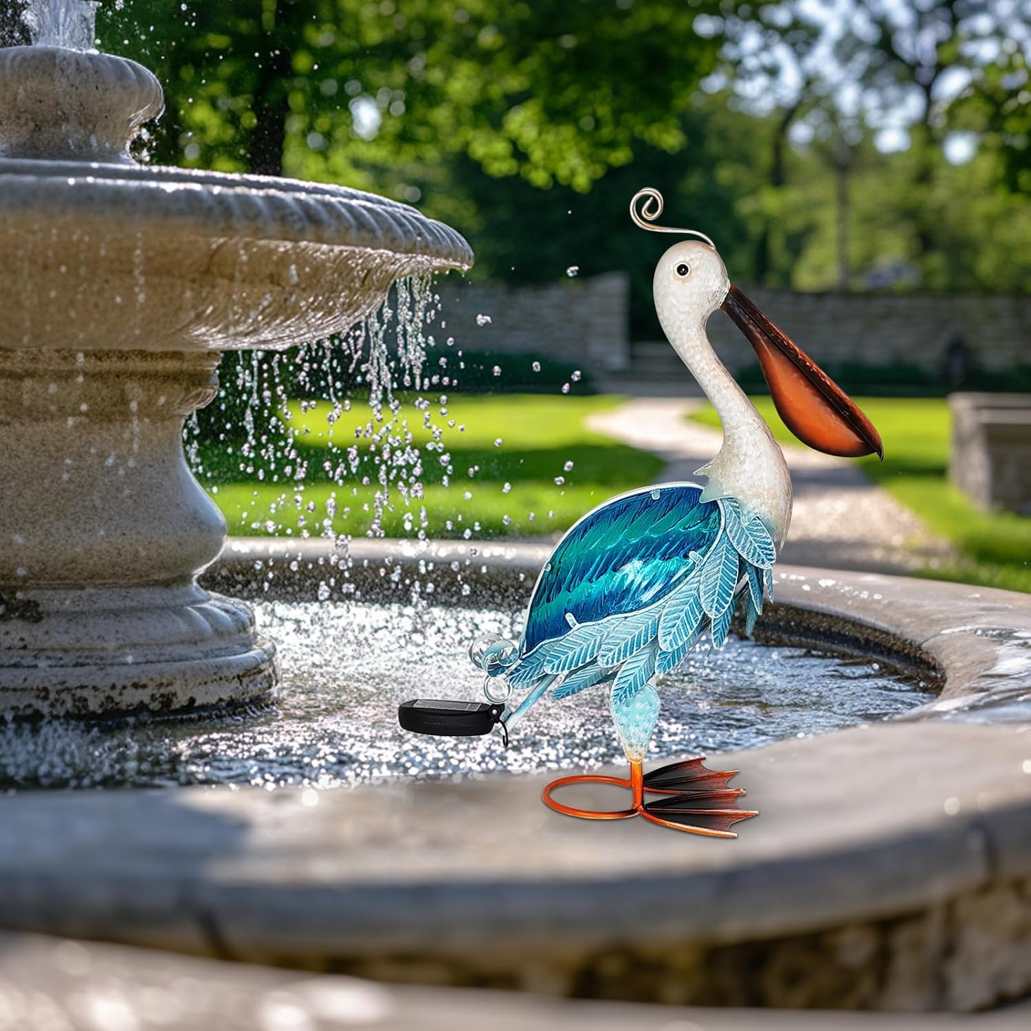 HONGLAND Solar Metal Pelican Statues Garden Sculpture & Statues, 19 Inch Glass Outdoor Pelican Yard Art Coastal Ocean Bird Decor Lawn Ornament for Backyard Porch Patio Decor（Blue）-VerdiqueGarden