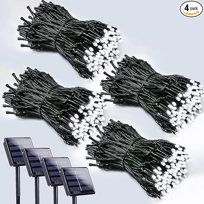 4 Pack 400 LED Solar String Lights for Outside, Solar Christmas Lights Outdoor Waterproof, Green Wire Twinkle Light with 8 Lighting Modes for Xmas Tree Wedding Party Garden Decorations (Cool White)-VerdiqueGarden