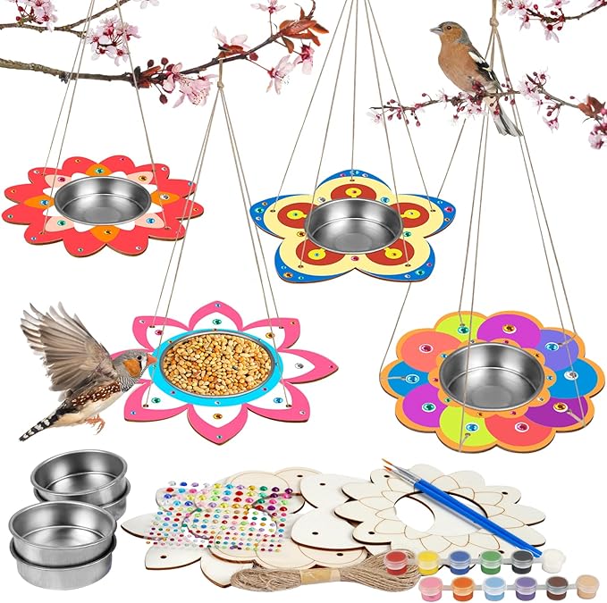 Fennoral 4 Pack Bird Feeder Kits for Kids Make Your Own Bird Feeders Wooden Art and Craft for Girls Boys Ornaments DIY to Paint Bird Feeders Craft for Spring Garden Outdoor Summer Activities Project-VerdiqueGarden