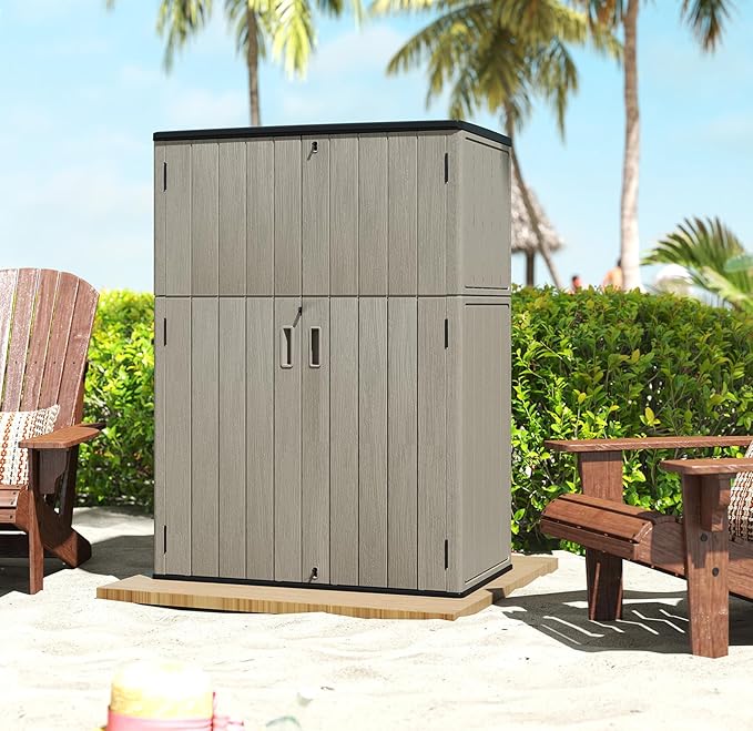 HOMSPARK Outdoor Storage Shed Weather Resistance, Patio Storage Cabinet Lockable Resin Tool Shed for Storage of Bike, Trash Cans, Garden Tools (Shallow Coffee, 66 Cu.ft)-VerdiqueGarden