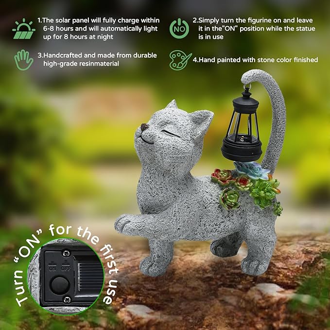 Solar Garden Outdoor Statues Cat with Succulent Solar Lantern, Lawn Decor Kitten Figurine for Patio Balcony Yard, Yard Unique Christmas Birthdays Gift for Mom Grandma-VerdiqueGarden
