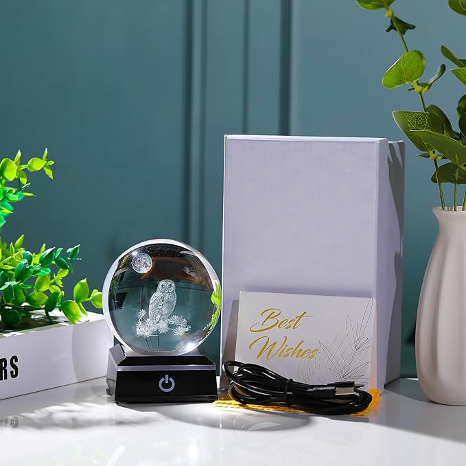 Qianwei Owl Gifts for Women 3D Crystal Ball 3.14'' - Laser Owl Decor Glass Animals Bird Figurines Statue Stuff for Room Decorations Bird Night Light-VerdiqueGarden