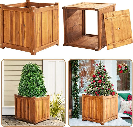 Idzo Set of 2 Hardwood Outdoor Flower Box, Durable Acacia Wood Flower Boxes for Outdoor Plants with Ergonomic Handles, Drainage Holes, Multiple Sizes Wood Bucket Planter for Home Décor-VerdiqueGarden
