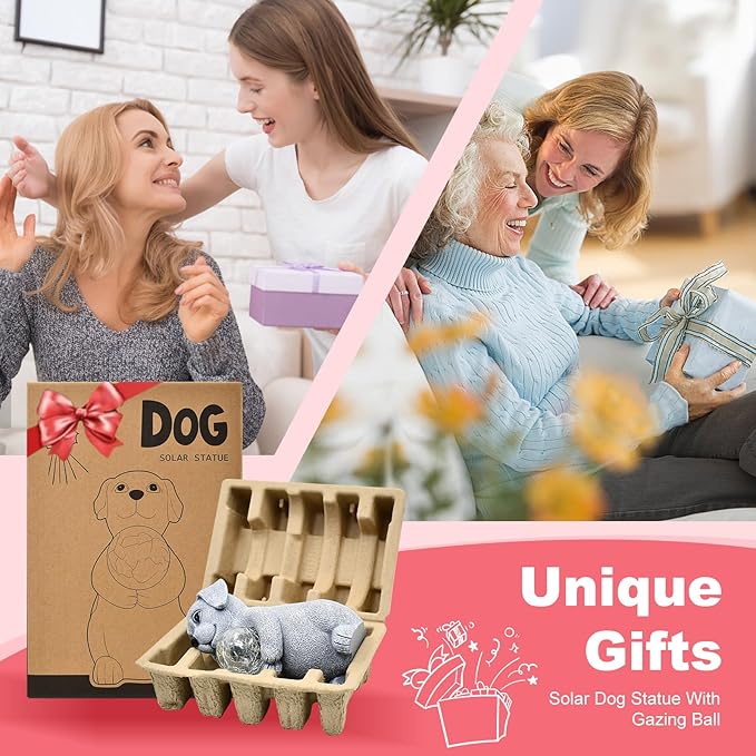 Solar Dog Garden Statues - 8.4 "Dog Decor with Gazing Ball Solar LED Lights, Unique Gifts for Mom Grandma Birthdays, Outdoor Decor for Outside Lawn Porch Patio (Gray)-VerdiqueGarden