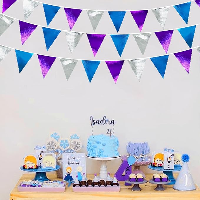 Frozen Party Decoration Purple Blue Silver Metallic Fabric Triangle Pennant Banner Flag Bunting Garland for Frozen Winter Wonderland Christmas Birthday Wedding Baby Shower Bridal Shower Party Supplies-VerdiqueGarden