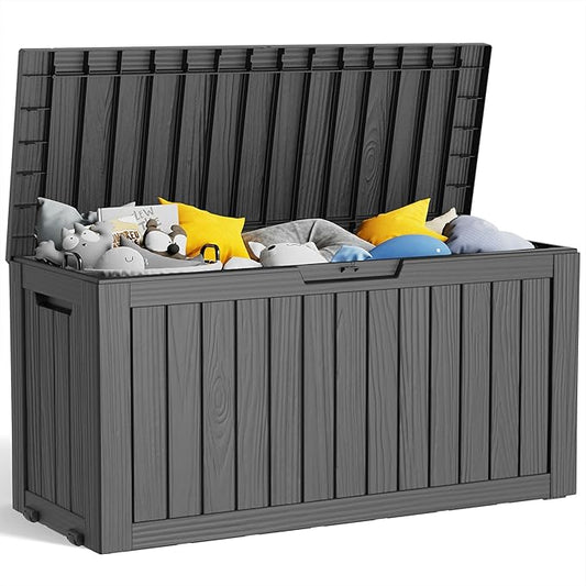 75 Gallon Resin Deck Box, Lockable Patio Outdoor Storage Box for Furniture, Garden Tools and Tools Storage, Waterproof Outside Storage Boxes - Black-VerdiqueGarden