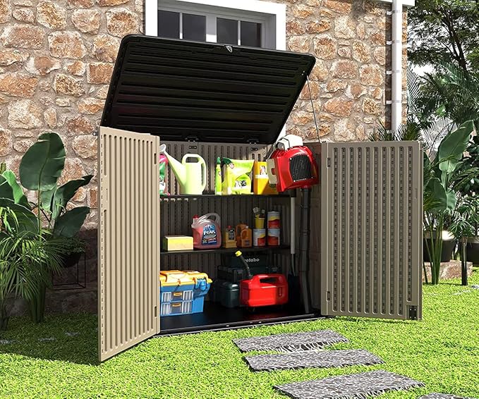 HOMSPARK Storage Shed Weather Resistance, Multi-Purpose Outdoor Storage Cabinet for Backyards and Patios, Horizontal Storage Shed for Lawnmower, Patio Accessories (Coffee, X Large - 48 cu.ft)-VerdiqueGarden