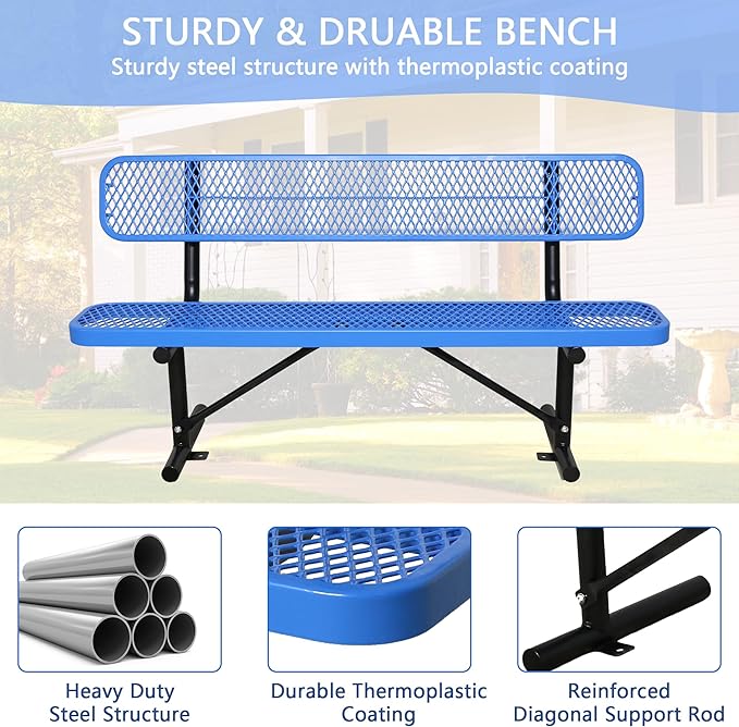 6FT Outdoor Benches Heavy Duty Park Bench with Back Portable Frame, Blue Metal Steel Bench, Outdoor Garden Bench Expanded Metal Mesh Bench for Lawn, Park, Deck, Garden, Patio, Porch, Black (Blue, 6FT)-VerdiqueGarden
