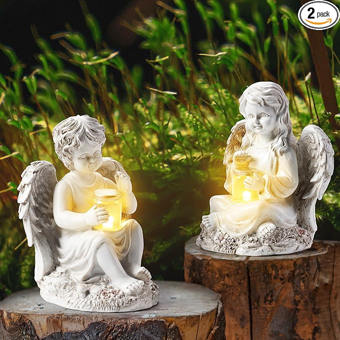 2 Pack Outdoor Angel Statue Garden Decor, Classic Solar Angel Figurine Decoration for Yard Art Indoor Porch Home Lawn Outside Light up Cherub Sculpture Guardian Wings Memorial Gifts-VerdiqueGarden