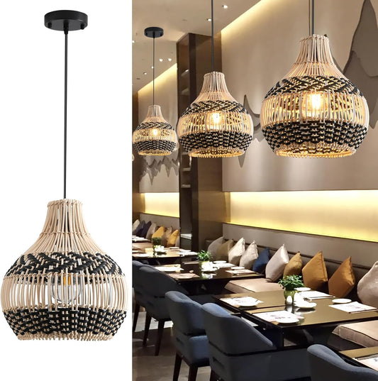 3-Pack Fax Rattan Pendant Light Fixture Mini Hand-Woven Black White Rattan Chandelier 10.24" Boho Wicker Hanging Lamp for Dining Living Bedroom Kitchen Farmhouse-VerdiqueGarden