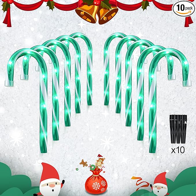 10" Christmas Candy Cane Lights - Set of 10 Pathway Markers Christmas Outdoor Yard Decorations, Green Xmas Candy Cane Stake Lights for Lawn, Walkway, Garden, Xmas Party Indoor Ornaments-VerdiqueGarden