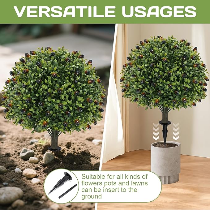 Artificial olive Topiary Ball Tree 24" with Ground Spike, Set of 2 Artificial Boxwood Bushes for Faux Shrubs, Fake Evergreen Faux Plant for Indoor Outdoor Porch Garden -UV Resistant–Fade-Proof-VerdiqueGarden