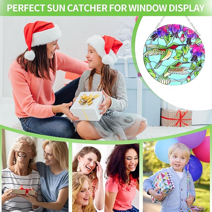 Hummingbird Suncatcher Stained Glass - Hummingbird Gifts for Women, Birds Suncatchers for Windows - Birds Window Hangings with Chain and Hook, 6 inch Stained Glass Suncatcher for Mom-VerdiqueGarden