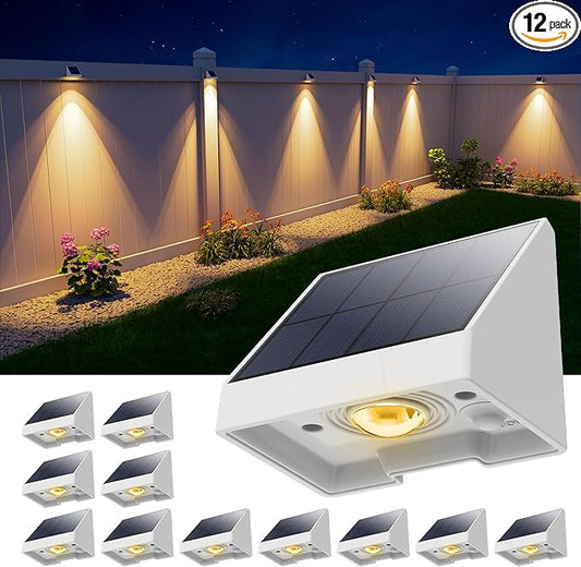 12 Pack Decorative Solar Powered Fence Lights Outdoor Waterproof with Warm White LED Spot Lens, for Outside Deck, Patio, Yard, Rail, Garage, Designed for Wall Lighting, Easy Install ( White Shell )-VerdiqueGarden