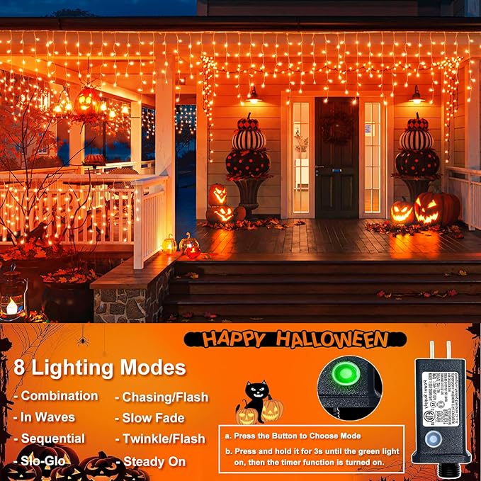Icicle Lights for Outside, 33FT 400 LED Christmas Lights with 8 Modes Waterproof, Plug in Connectable Curtain Hanging Lights for Outdoor Indoor House Roof Party Wedding, Orange-VerdiqueGarden