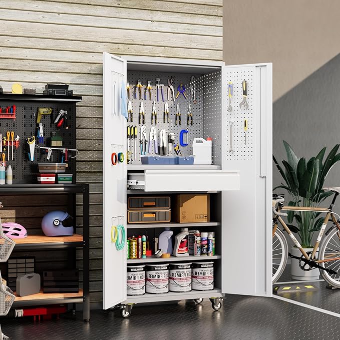 Garage Storage Cabinet with Locking Doors and 2 Adjustable Shelves, 71" H Metal Rolling Tool Storage Cabinet with Wheels, Drawer, Pegboard and 16 Hooks for Garage, Warehouse, White and Gray-VerdiqueGarden