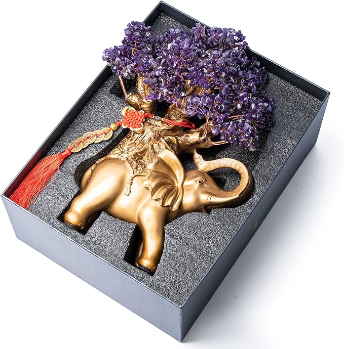 Amethyst Crystal Money Tree on Gold Elephant Statue, 17”Large Gemstone Bonsai Tree of Life Home Décor Gifts for Wealth Positive Energy, Feng Shui Décor-VerdiqueGarden