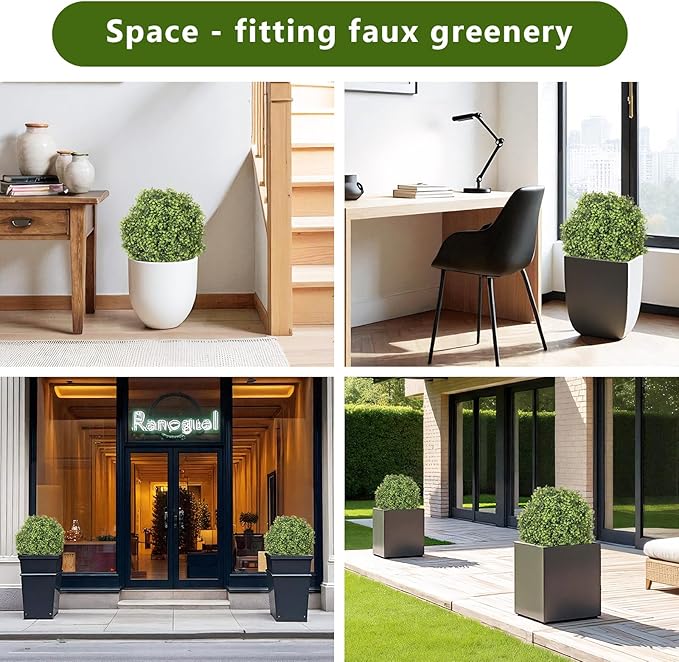 THE BLOOM TIMES 2ft Boxwood Topiary Ball Trees Artificial Outdoor Set of 2, 24" Faux Evergreen Plants Outside UV Resistant Greenery, Fake Potted Bushes and Shrubs for Front Porch Planter Patio Decor-VerdiqueGarden