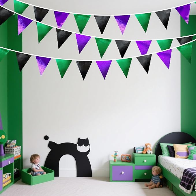 Black Purple Green Party Decorations Metallic Fabric Triangle Pennant Banner Flag Bunting for Boys Men Birthday Graduations Wedding Bachelorette Retirement Video Game Level Up Theme Party Supplies-VerdiqueGarden