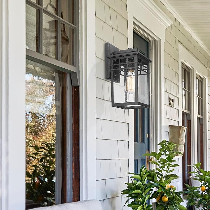 Outdoor Light Fixture Wall Mount, Modern Exterior Lights Fixture Wall Sconces with Seeded Glass for Front Porch, Farmhouse Waterproof Black Carriage Lantern Lamp Outside for Home, Garage, 2 Pack-VerdiqueGarden