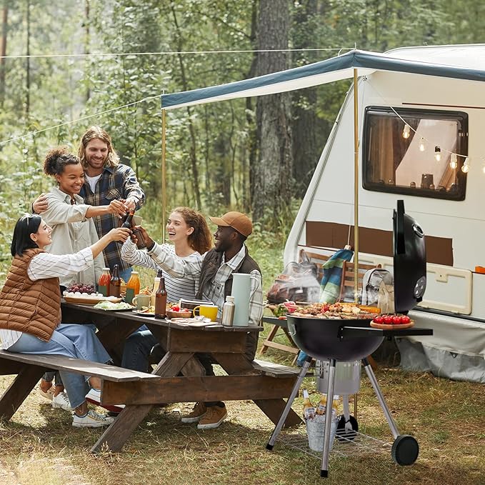 Premium 22 Inch Charcoal Grills with 2 Foldable Tables, BBQ Grill with Cover, Outdoor Barbecue Grill with Ash Catcher, Portable Charcoal Kettle Grills with Wheels for Camping Party Backyard-VerdiqueGarden