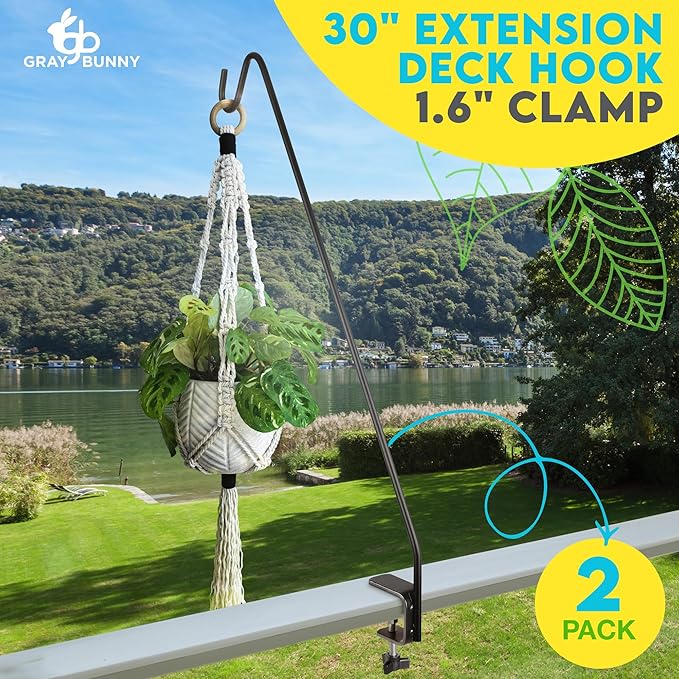 Gray Bunny Deck Hook 2 Pack, 30 Inch Bird Feeder Pole, with Non-Slip Clamp Deck Bird Feeder Hanger for Railing for Feeders, Planters, Suet Baskets, Lanterns, Wind Chimes and More-VerdiqueGarden