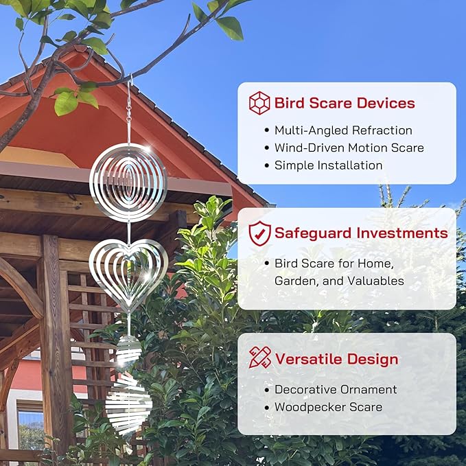 Bird Deterrents for Outside, Reflective 3D Stainless Steel Wind Spinners, Garden Decor, Bird Scare Devices to Keep Woodpeckers, Pigeons Away from Your House, Patio, Orchards-VerdiqueGarden