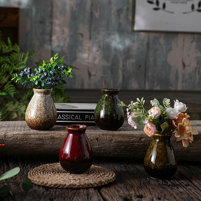 JOJUNO Glazed Rustic Bud Vase Set of 4 - Small Ceramic Mini Pottery Vases in White, Yellow, Green, Red - Ideal for Fresh & Dried Flowers - Modern Farmhouse Décor for Living Room, Shelves, Dining Table-VerdiqueGarden